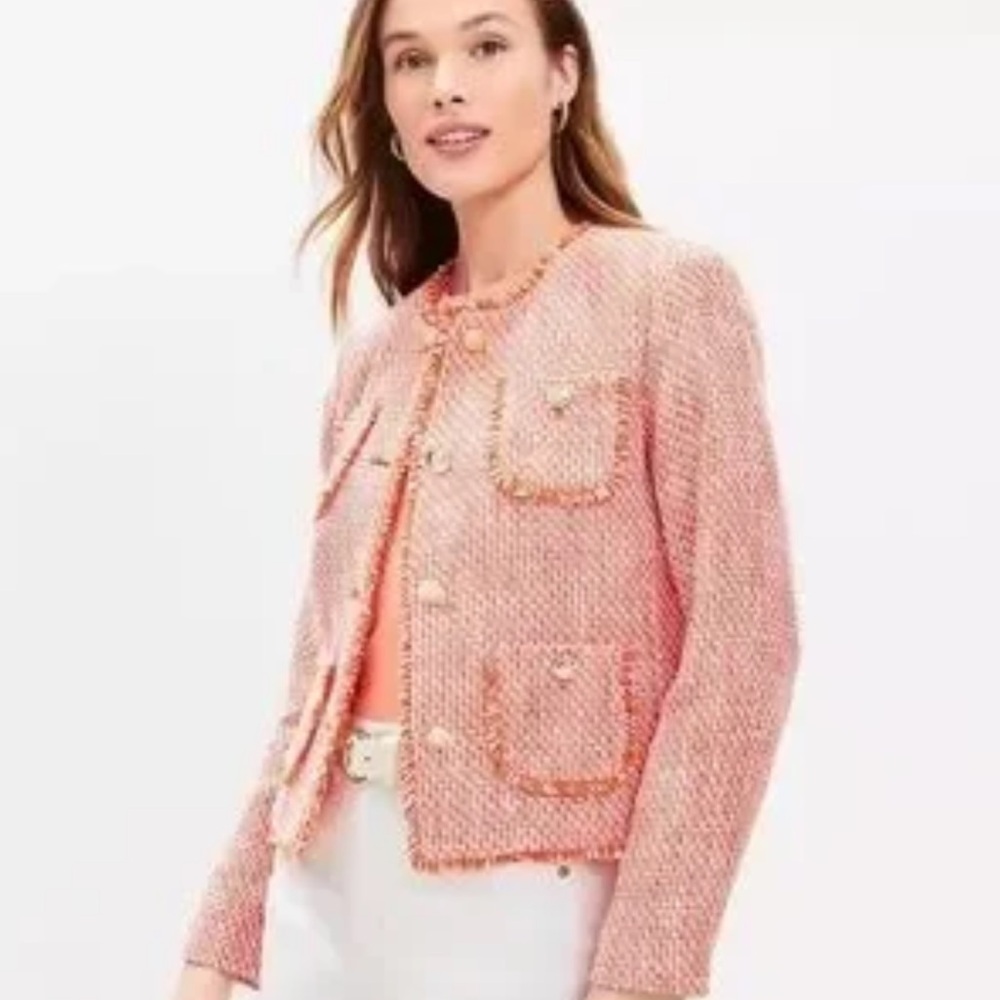 LOUISE PARIS VINTAGE PINK & WHITE TWEED BLAZER JACKET WITH FAUX FUR TRIM SZ M